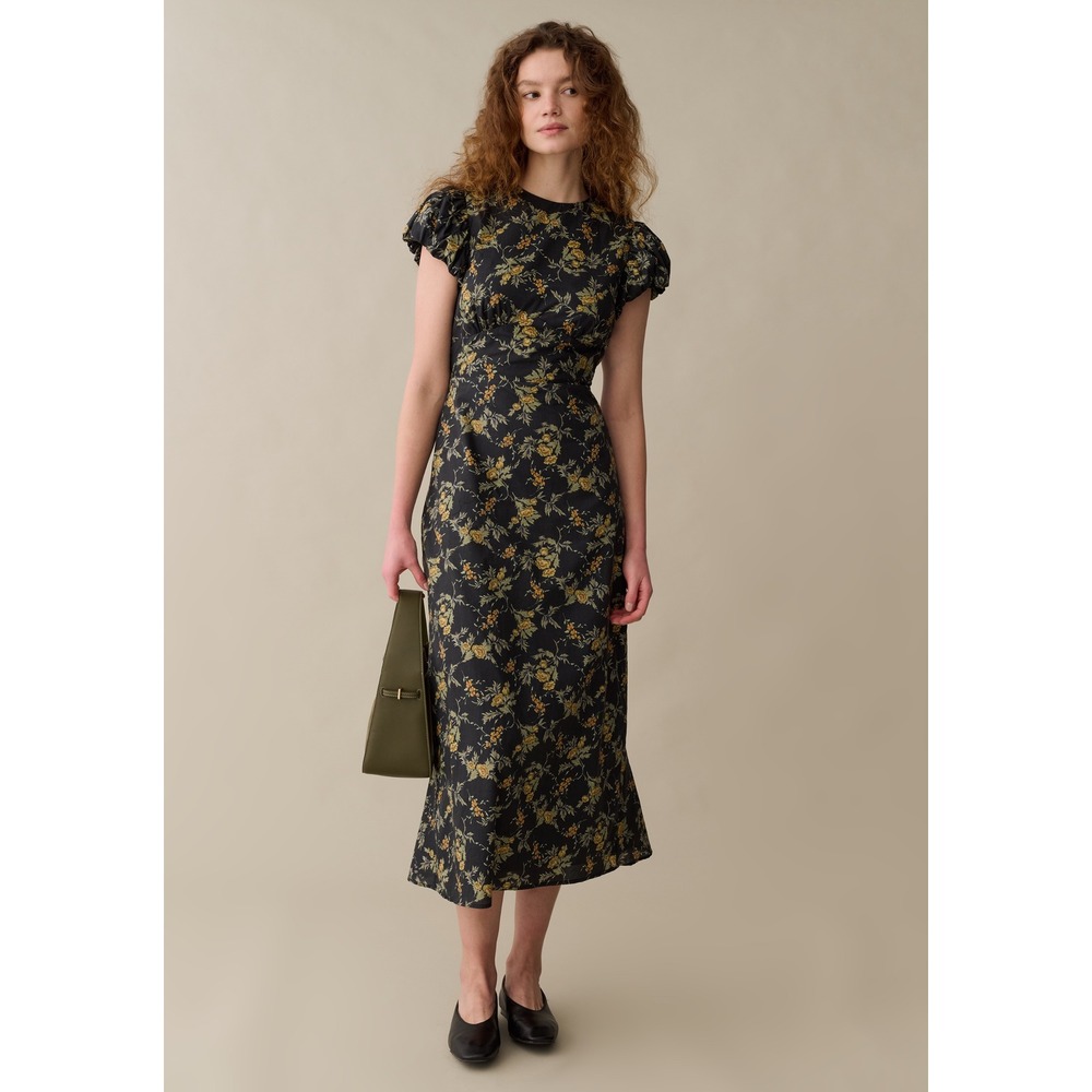 Sorella Midi Dress Vivienne Cotton Floral Short Sleeve Vintage Marigold Black 4